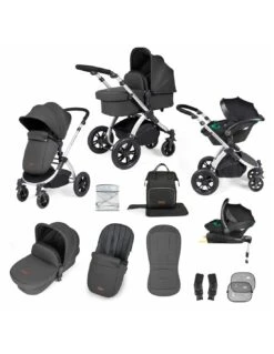 Ickle Bubba Stomp Luxe All In One Travel System Charcoal Grey/Silver - Choose Your Handle Colour (includes IsoFix Base)