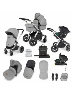Ickle Bubba Stomp Luxe All In One Travel System Pearl Grey/Silver - Choose Your Handle Colour (includes IsoFix Base)